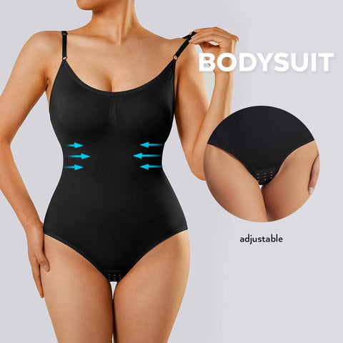 Black sculpting bodysuit highlighting adjustable straps and targeted compression zones.