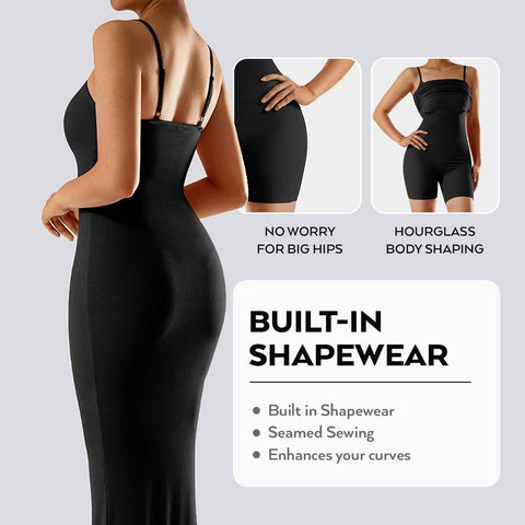 Elegant black dress with built-in shapewear featuring seamless sewing, highlighting hourglass body shaping and hip smoothing benefits.