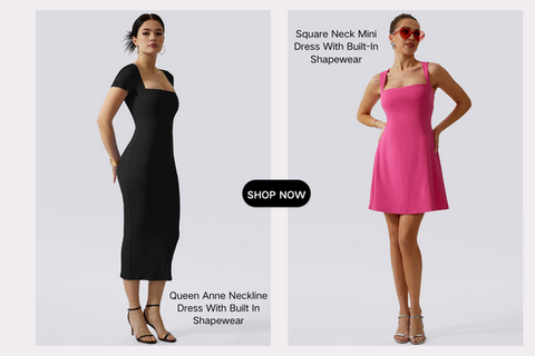 Two promotional images featuring women's dresses with built-in shapewear