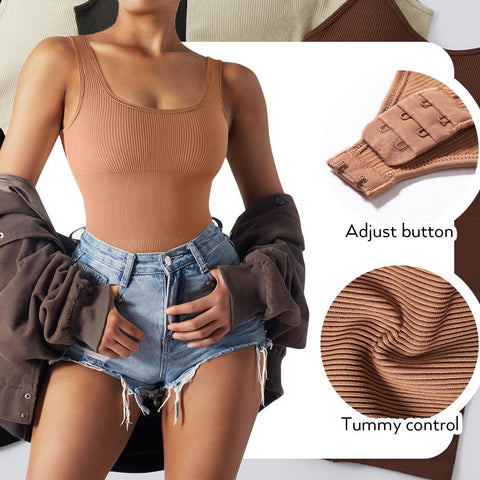 Woman in a ribbed tank bodysuit and denim shorts with tummy control panel and adjustable hooks for a snug fit