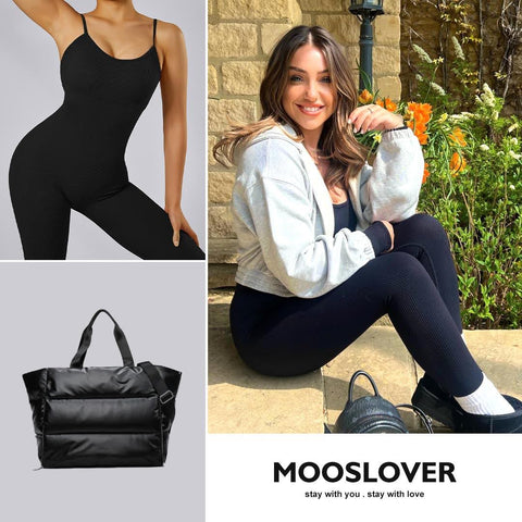 Collage of three images. A woman in a black shapewear jumpsuit, black gym bag with a quilted design and a woman wearing a light jacket over the jumpsuit.