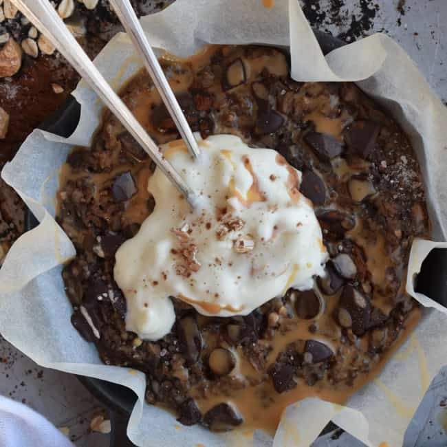 Vegan Salted Caramel Chocolate Oatmeal Skillet Protein Cookie