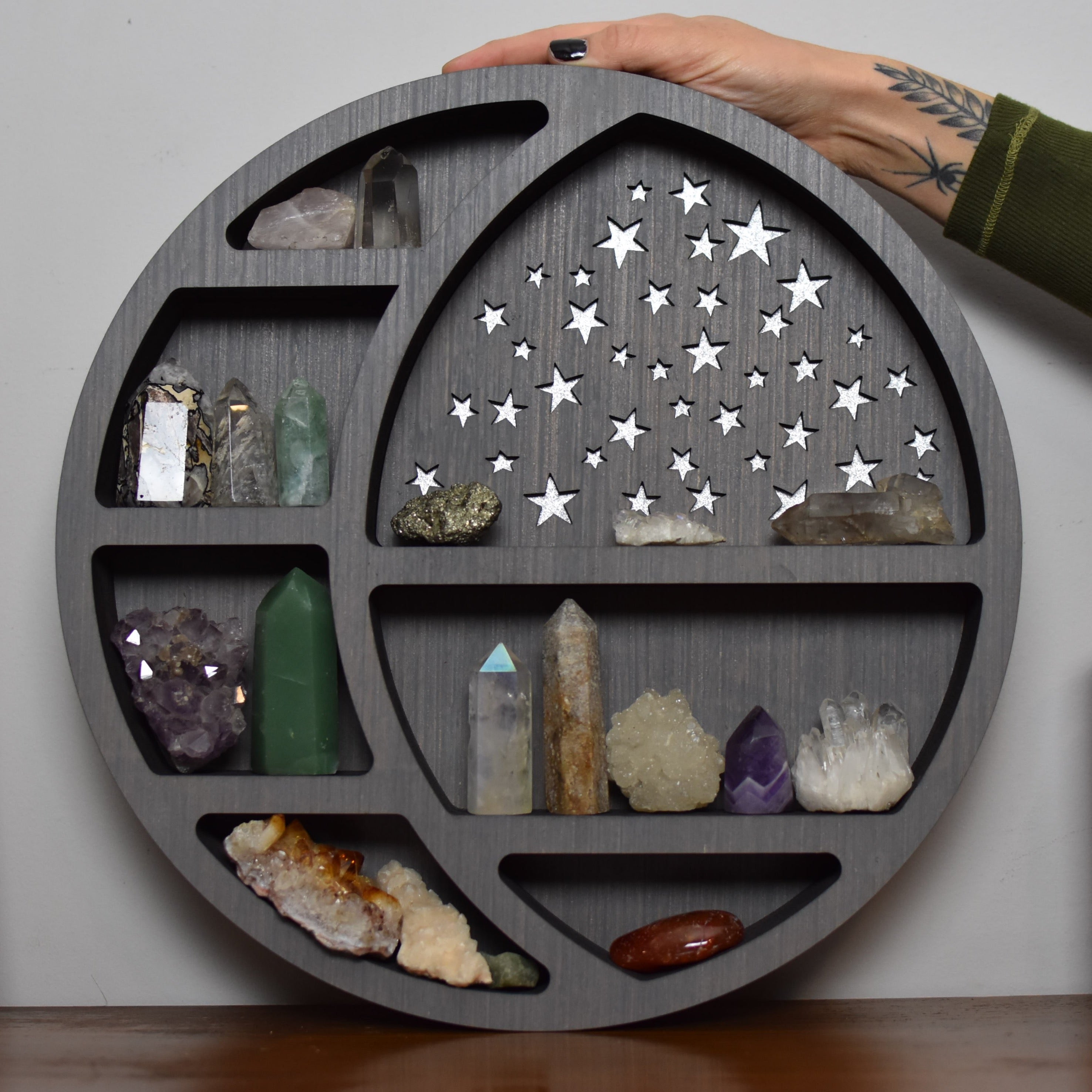 **Made To Order** Gray Starry Circular Moon Shelf and Wood Carving