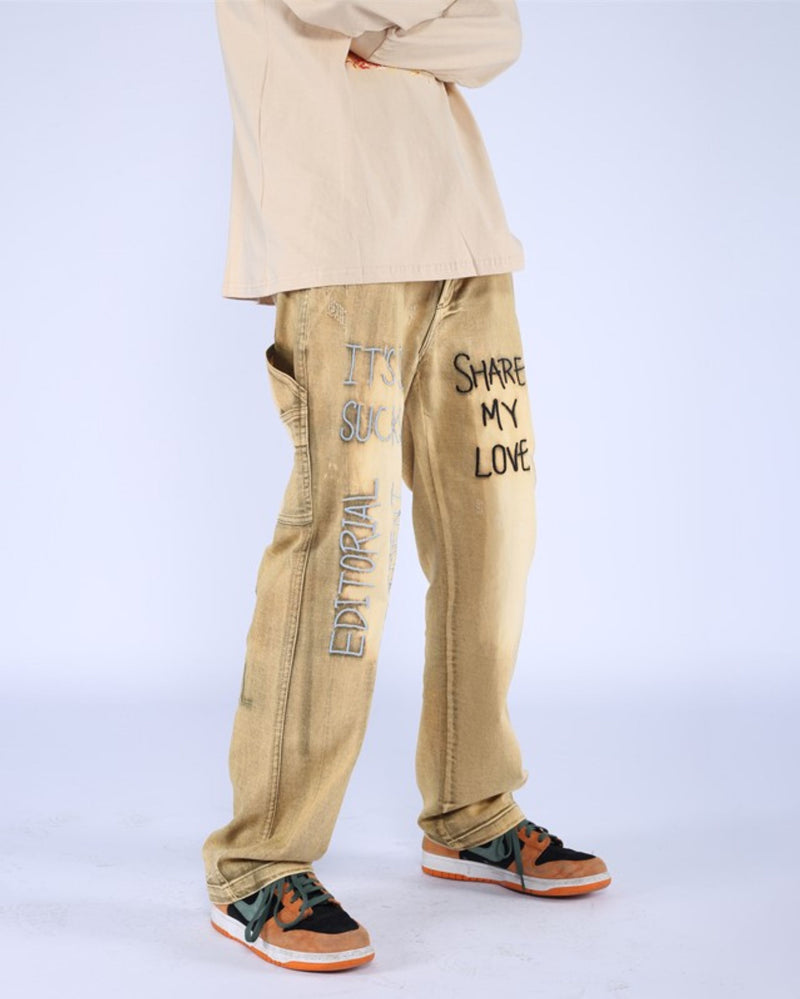 Khaki Bleach Wash Embroidered Straight Leg Denim