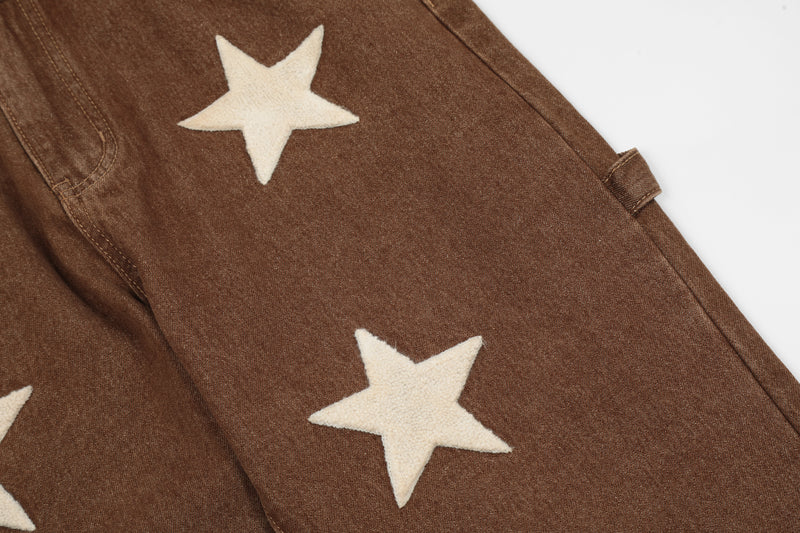 Brown Vintage Wash Stars Towel Patch Straight Leg Denim