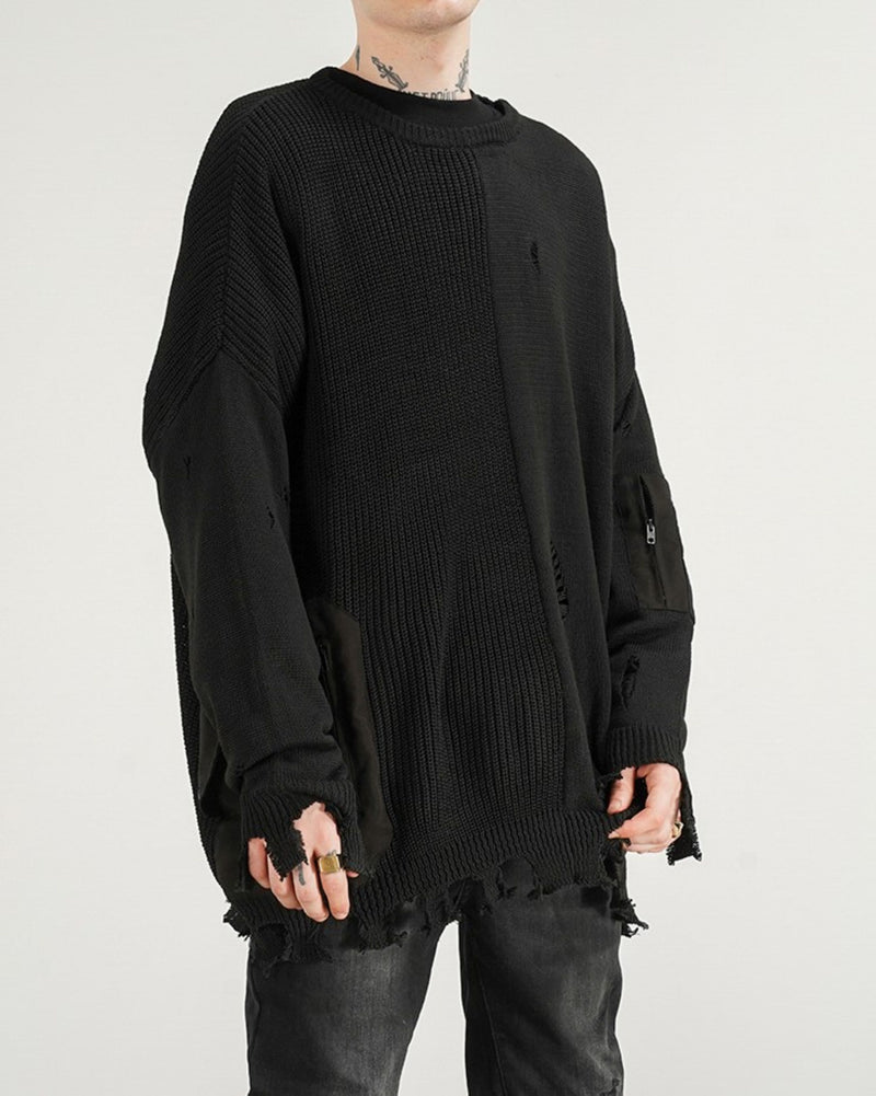 Black Cable Knit Patchwork Distressed Fringe Sweatshirt