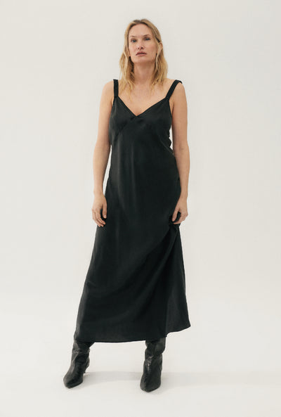Black Silk Slip Dress Midi Black Sandwashed Silk Dress Bias Cut