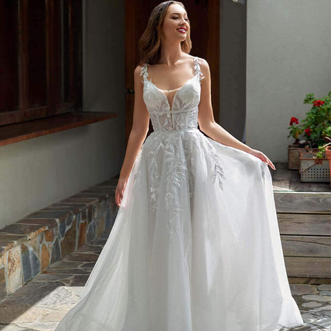 Princess A-line wedding gown that has a beautiful open back