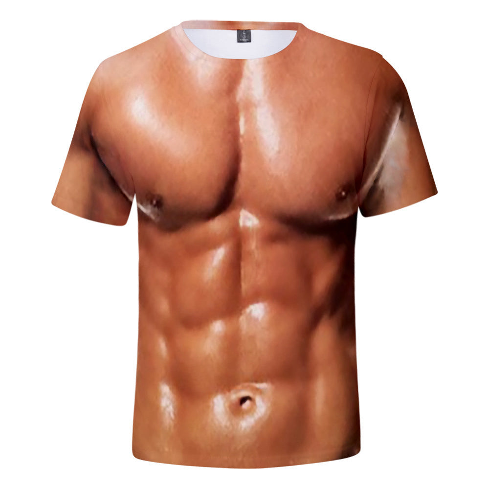 Funny 3D Muscle Printed Short Sleeve Shirts O-Neck Tees Funny Body Pri