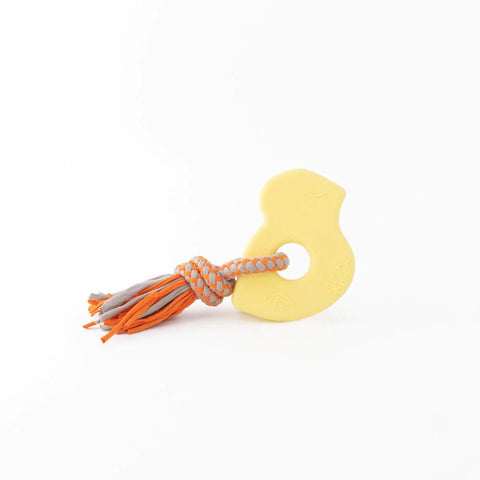Yellow bird shaped puppy teether with soft rope attachment