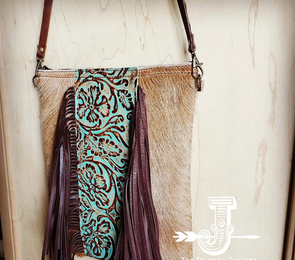 Leather Fringe Bag - Brown and Turquoise Alligator Pattern