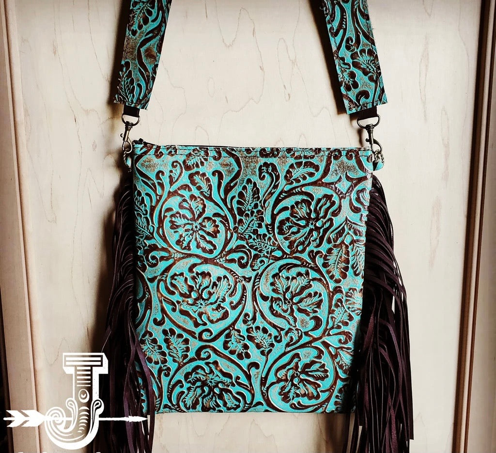 Leather Fringe Bag - Brown and Turquoise Alligator Pattern