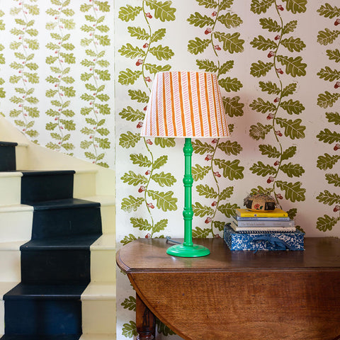 Molly Mahon hand block printed wallpaper in the hall and up through the stair case