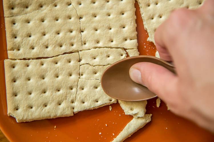 Pulverize the crackers using your spoon, a rock, or something.