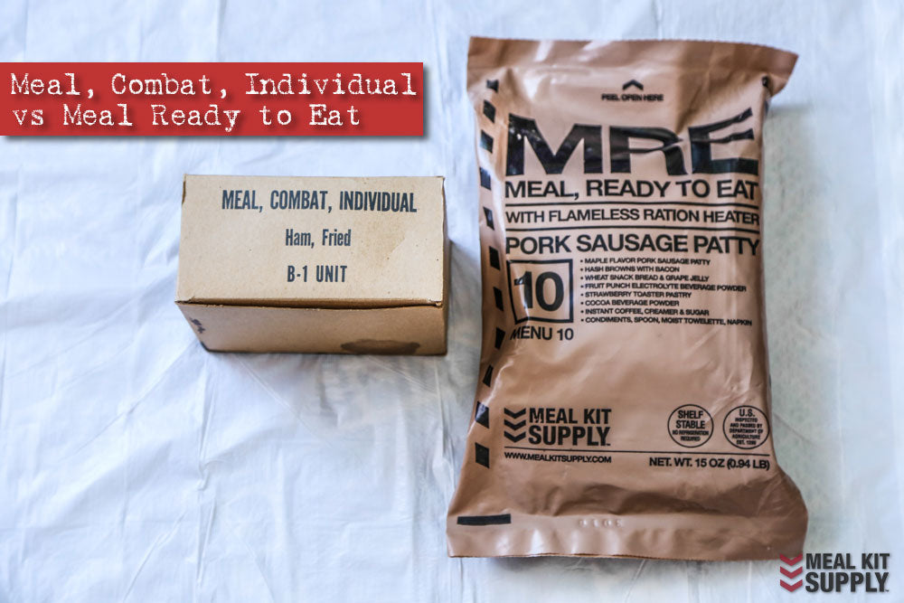 A C-ration compared to a Meal Kit Supply MRE, or Meal, Ready to Eat.