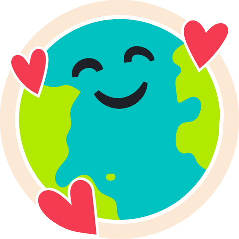 Cartoon picture of Earth with smiling face and hearts around it.