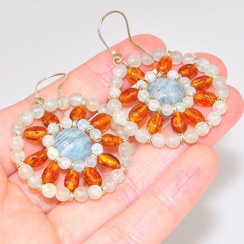 Sterling Silver Baltic Honey Amber and Aquamarine Bead Earrings