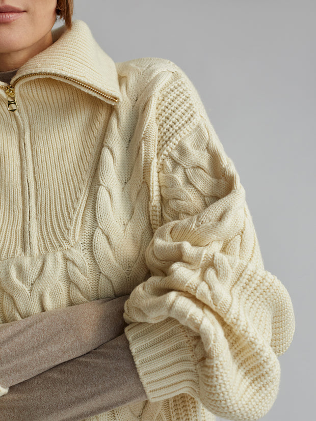 Cream Half Zip Cable Knitted Sweater