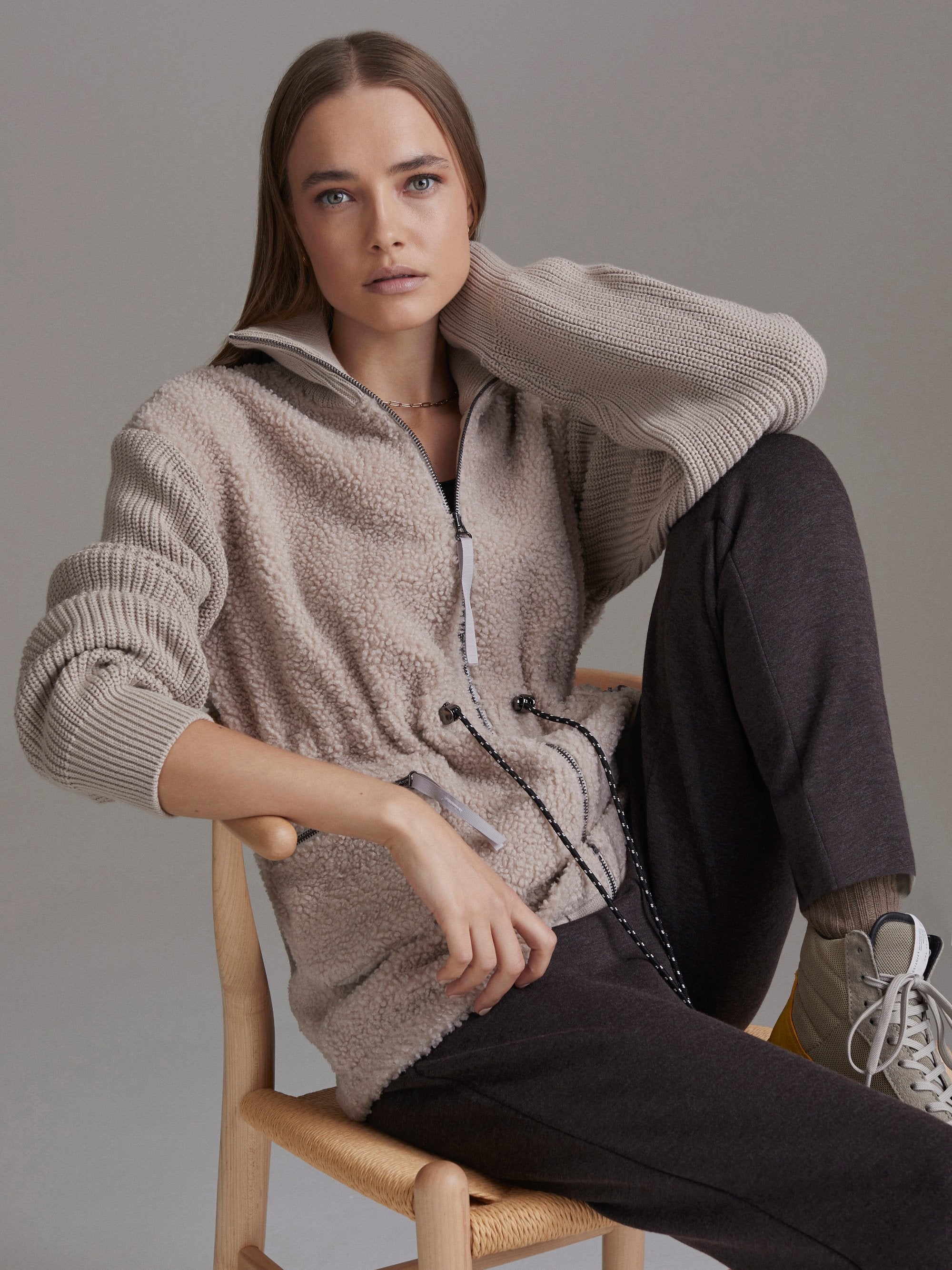 Westwood in Silver Grey | Full-Zip Sherpa Jacket with Knit Sleeves ...