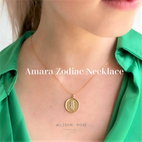 Amara Zodiac Gold Pendant necklace by Allison Rose Atelier. Brass with a 14k gold filled chain. 