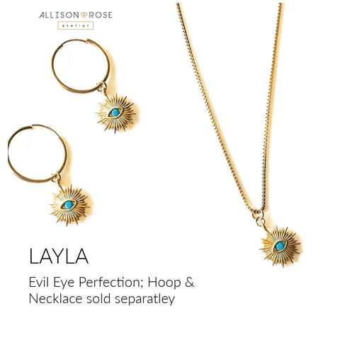 Alliosn Rose Atelier evil eye brass charms with 14k gold filled hoops and 14k dainty gold filled necklace chain