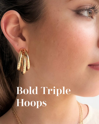 Statement Hoops earrings - Bold Chunky gold hoop earrings with triple tubular strands. Unique hoops that make a bold statement. A pair of earrings can totally transform any look, so update your earring collection with our range of Hoop and Huggies today