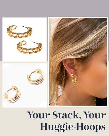 Huggie_hoop earrings, layered your hoops, ear stack is the latest trend for a layered jewelry look for Fall 2022. 