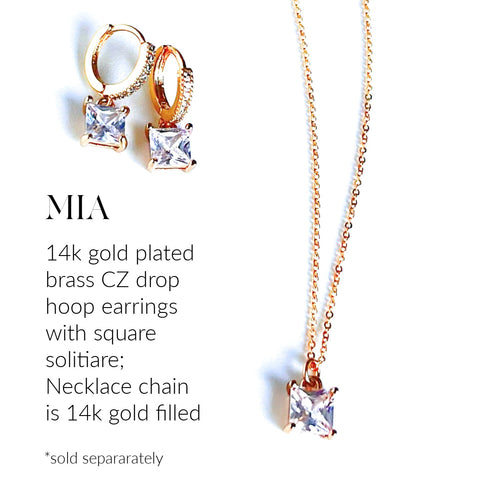 Mia cz stone drop hoop earrings and solitaire cz stone pendant necklace. Chain is 14k gold filled replikate style from our Lux Delicates collection . 