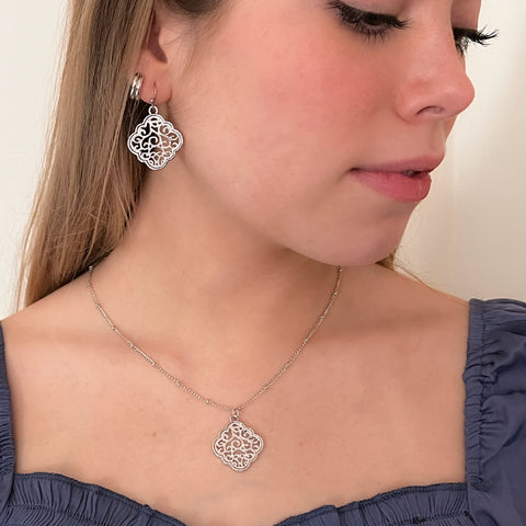 New Boho Clover quatrefoil drop earrings and pendant necklace. Silver plated clover shape with our signature inlay filigree pattern. Great gift idea. 