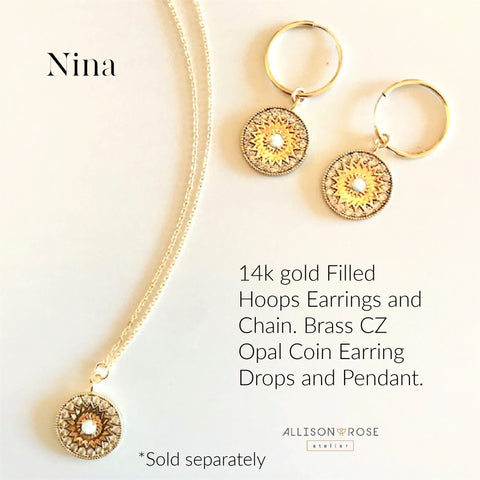 Allison Rose Atelier Opal brass charm medallion with 14k gold filled hoops and 14k gold filled dainty pendant necklace chain.  