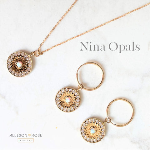 This gold opal style coin gold necklace is a must-have for adding a discreet touch of shine. Each dainty pendant is inlaid with CZ stones and features an intricate sunburst etching. Opal coin hangs from a delicate 14k gold filled chain