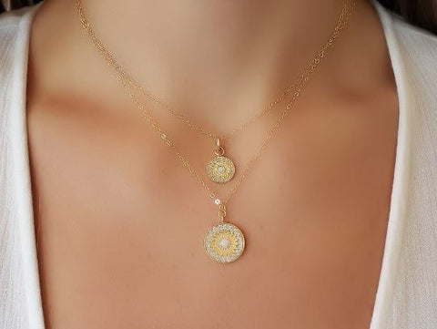 Opal gold coin necklaces. Opal pendant hangs from Dainty 14k gold filled chain. Opal gemstone jewelry