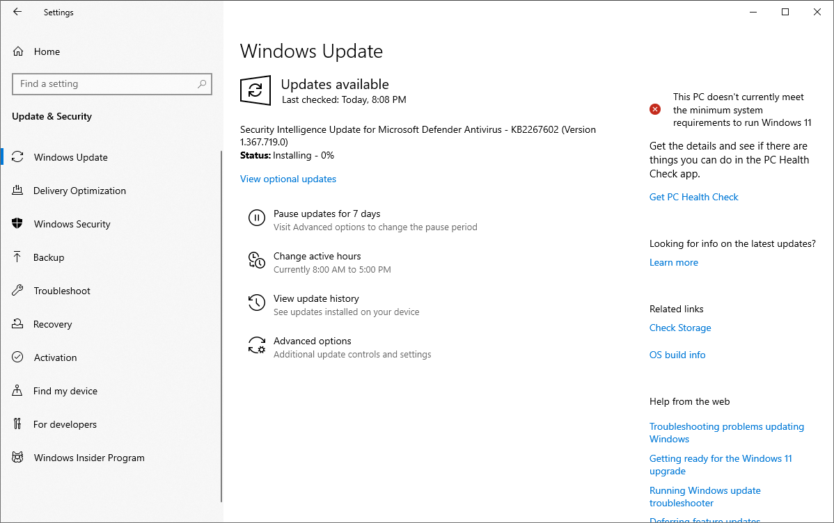 Installing Windows 10 updates