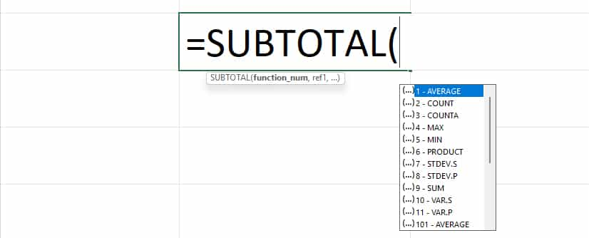 Excel SUBTOTAL Function