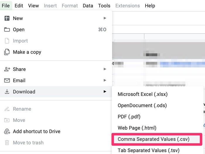 Créer un fichier CSV dans Google Sheets