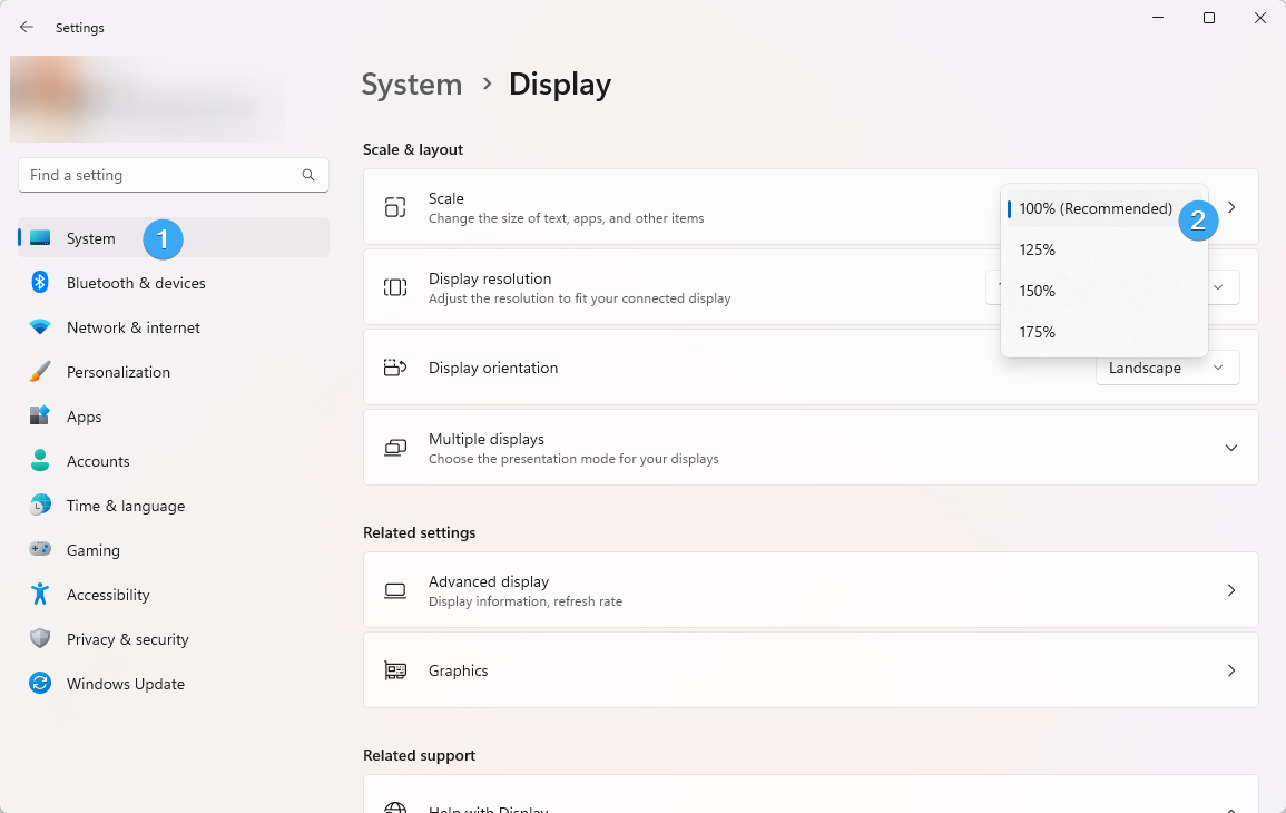 Changing display scaling in Windows 11 Settings