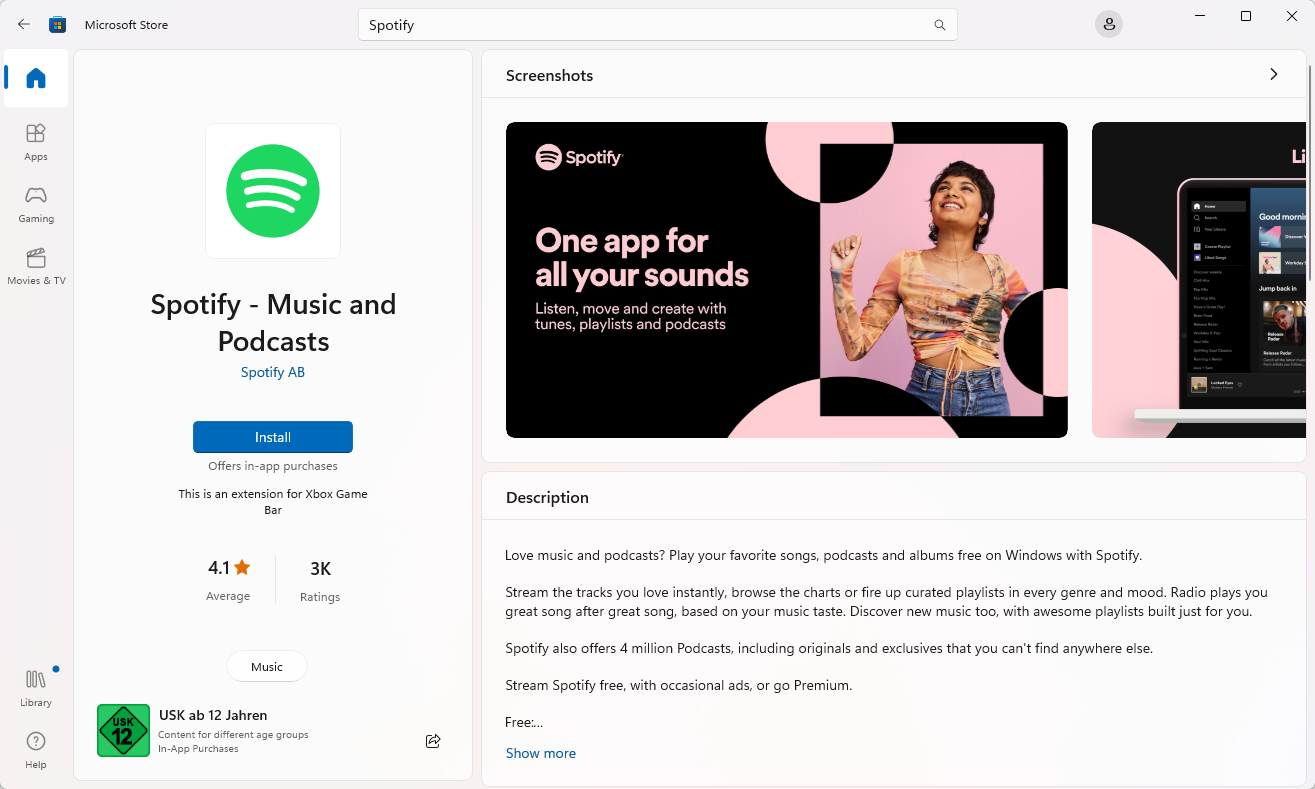 Installing the Spotify app from Microsoft Store