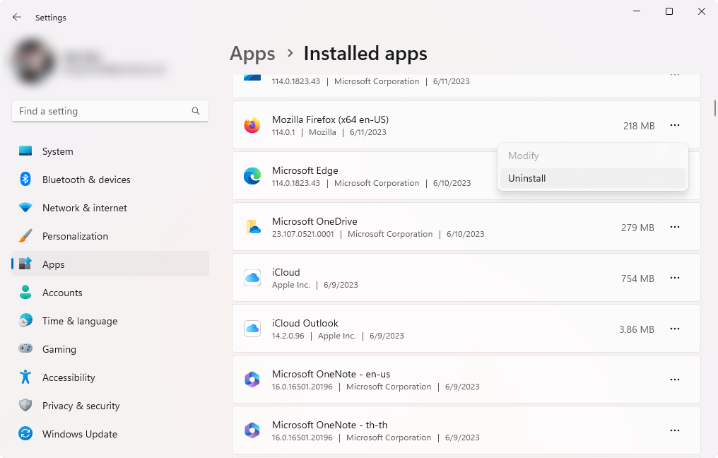 uninstall recent apps