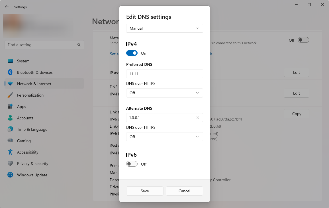 Changing your DNS settings to Cloudflare in Windows 11