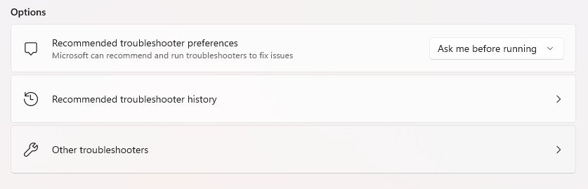 Other troubleshooters in Windows 11