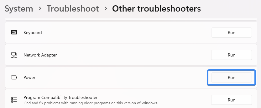 Running the Power troubleshooter in Windows 11