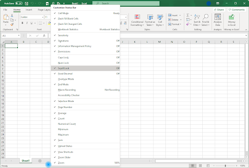 деактивирайте заключването на превъртане в лентата на състоянието на Excel