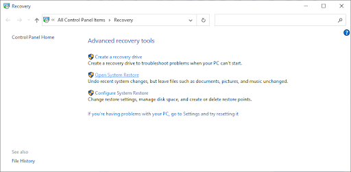 open system restore link in recovery