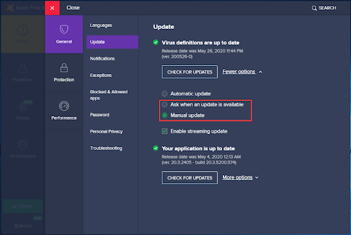 Disable avast's background updates