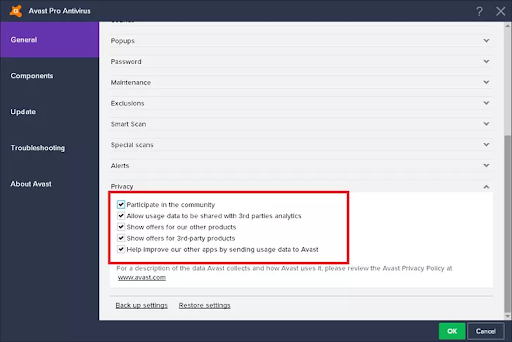 uncheck avast community and data sharing