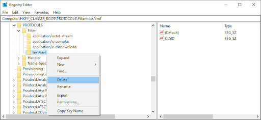 delete text/xml registry key