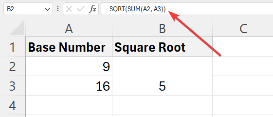 Excel square root function combined