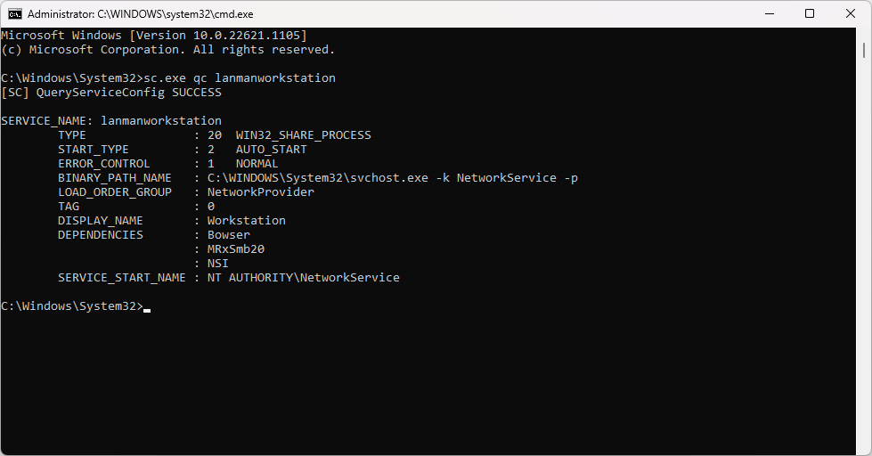 sc.exe qc lanmanworkstation