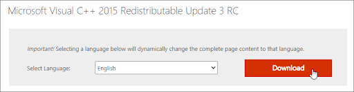 Orange download button for Microsoft Visual C++ Redistributable Update 3 RC on Microsoft’s website