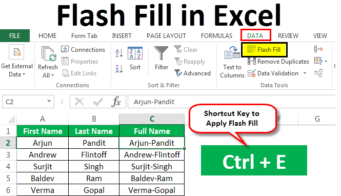 excel flash fill пряк път